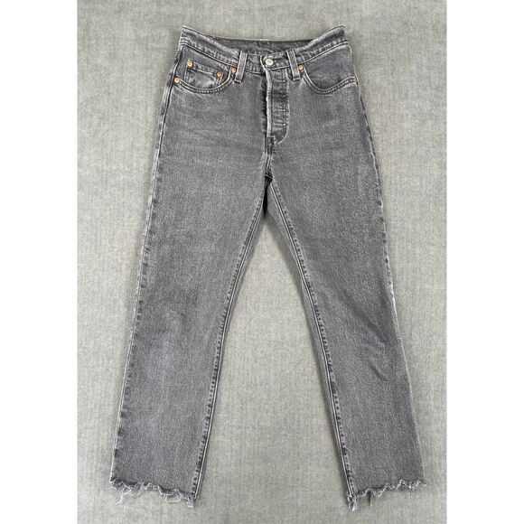 Levis 501 Jeans Women 24 Black Straight Leg Vintage Style Raw Hem‎ Grunge Denim - Picture 1 of 13
